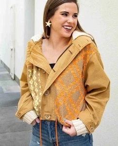 Free People Reno Boho Hooded JACKET Button Zip S/P Brown Orange - Picture 1 of 16