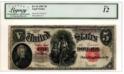 Fr. 91 1907 $5 Legal Tender Note Speelman / White Legacy Fine 12 - Image 1 of 2