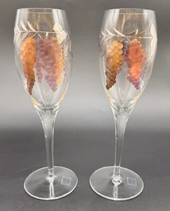 Pair of Rosenberg Romanian Hand Painted Etched Grape Wine Glass Goblet 10”x3.5” - Picture 1 of 3