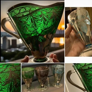 ART NOUVEAU MOSER Czech Bohemian SILVER OVERLAY GLASS ICE LIP 9” JUG +3 GOBLETS - Picture 1 of 11