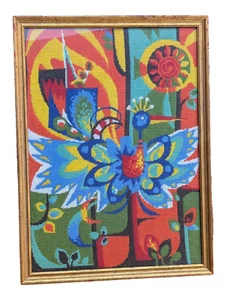 Framed Vintage Abstract Peacock Needlepoint Mid Century Needlepoint Handmade - Picture 1 of 8