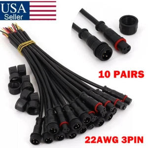 10Pairs 3Pin Waterproof IP65 22AWG LED Strip Male and Female Cable Connectors US - Picture 1 of 8