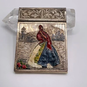 Antique Note Pad Sterling Silver Mini Enamel Paint Lady Ornate Made in Peru READ - Picture 1 of 17