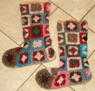 Woman's Crocheted Slipper Socks Boots- Handmade Patchwork felt soles - Image 1 of 3