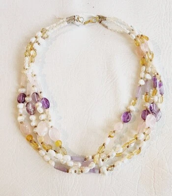 Colar de fecho de gancho com miçangas e várias cordas quartzo rosa pérola ametista 18" - Imagem 1 de 4