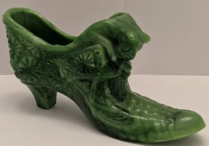 Scarpa pantofola vintage Boyd verde scorie vetro margherita bottone testa di gatto vittoriana - Foto 1 di 12