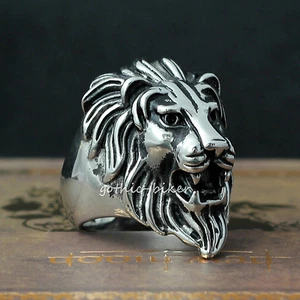 Silver 316L Stainless Steel Lion Head Animal Large Men's Biker Ring - Picture 1 of 8