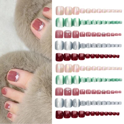 24X New Mirror Shiny False Toe Tips Metallic Silver Full Cover Press On Toe Nail - Image 1 of 4
