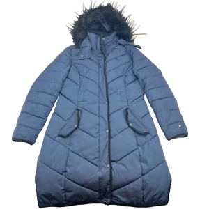 Tommy Hilfiger Women's Long Blue Puffer Coat Jacket Warm Hooded Faux Fur Sz M - Picture 1 of 13