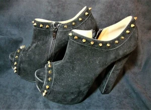 EUC Luichiny 8/38 Black Faux Suede "Mighty Miss" Platform Block Heel Stud Boots - Picture 1 of 6