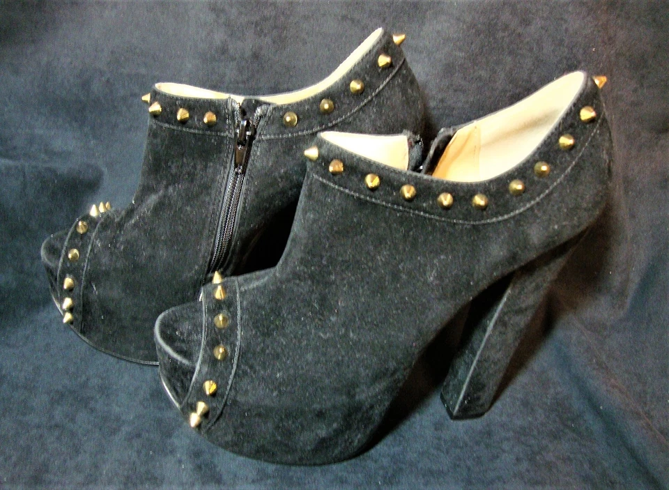 EUC Luichiny 8/38 Black Faux Suede "Mighty Miss" Platform Block Heel Stud Boots - Image 1 of 4