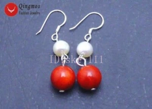 Pendientes colgantes redondos de perla blanca de 6-7 mm para mujer con pendientes de coral rojo natural - Imagen 1 de 12