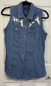 VTG Y2K Chambray Sleeveless Button Up Hand Painted Jack Russell Terriers Dogs M - Picture 1 of 7