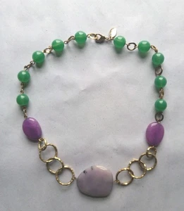Lydell NYC Perlen Halsband 15" grün, mauve und lila goldfarbene Ringe signiertes Etikett - Bild 1 von 7