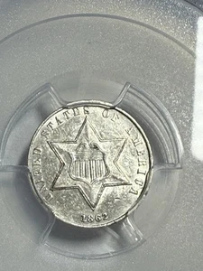 1862/1 Three Cent Silver PCGS AU53 – Scarce Overdate Variety – Sharp AU - Picture 1 of 4