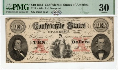 Papel moneda confederado T-26 PF-24 1861 $10 - PMG VF 30 PLUS - V raro - R-11- Foto 1 de 2