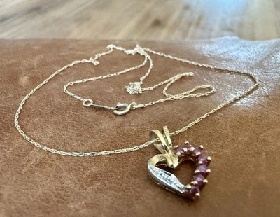 Vintage THL 10K Yellow Gold Genuine Ruby Open Heart Pendant Necklace 18” Inch - Image 1 of 4