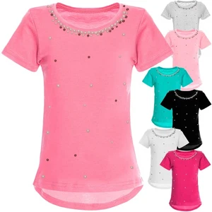 Girls Kids T Shirt Short Sleeve Shirts Blouse Top Faux Beaded 22588 - Picture 1 of 23