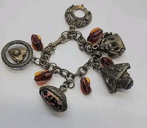 AMAZING VTG 40s Larrge Charm Chunky Bracelet - Picture 1 of 8
