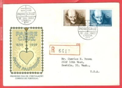 Portugal PADRE CRUZ Registered FDC Cover to USA 1960 - Image 1 of 2