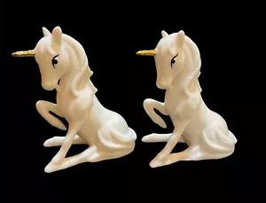 Vintage Enesco Sitting Unicorn Figurine White Porcelain Gold Horn Set Of 2 - Picture 1 of 10