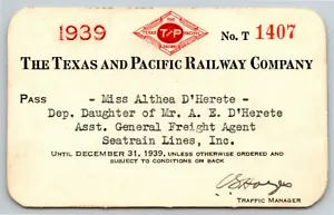 Vintage Railroad Annual Pass The Texas & Pacific Railway 1939 T1407 Termografia - Foto 1 di 2