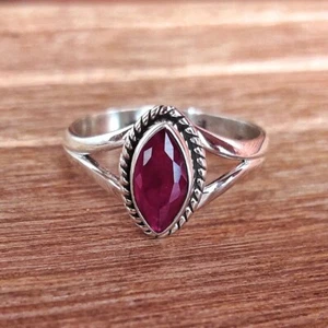 Lab-Created Ruby Ring Statement Ring 925 Sterling Silver Boho Ring Marquise Ring - Picture 1 of 4