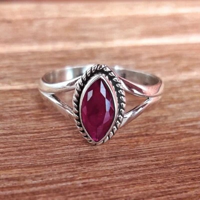 Lab-Created Ruby Ring Statement Ring 925 Sterling Silver Boho Ring Marquise Ring - Image 1 of 4