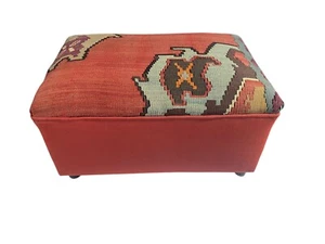 #6686 Custom Made Vintage Tribal Kilim Ottoman/Footstool 12.5" H - Picture 1 of 9