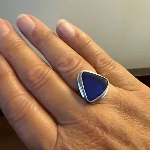 Precioso anillo grande de plata esterlina de vidrio marino azul cobalto talla 8 hecho a mano artesanal - Imagen 1 de 11