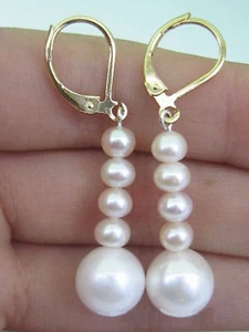 GENUINE NATURAL 10-11MM PERFECT SOUTH SEA WHITE PEARL DANGLE EARRINGS 14K GOLD - Picture 1 of 6