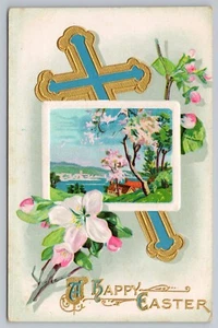 1914 Easter Turquoise Cross Town Scene Pink Dogwood Gilt Embossed Postcard - Picture 1 of 2