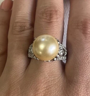 Yellow Faux Pearl & Filigree Ring 925 sterling Silver SZ 8.5 - Image 1 of 4