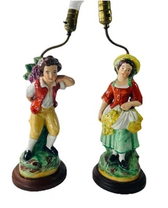 Pair VTG Capodimonte Table Lamps-Grape Harvest Man Woman Italy Hand Painted - Picture 1 of 18