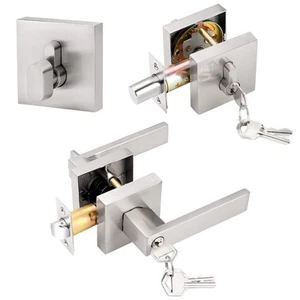 Square Entrance Lever with Single Cylinder Deadbolt Set Keyed Alike Combo Pac... - Picture 1 of 7