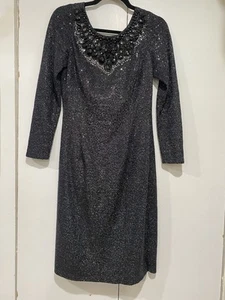 Carmen Marc Valvo Dress Sz 8 Black Silver Beaded Neck Sequin Cocktail Midi - Picture 1 of 12