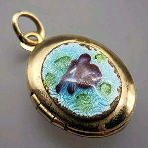 Vtg Photo Locket Guilloche Blue Enamel Pendant Charm Gold Tone Oval Flower Read - Picture 1 of 7