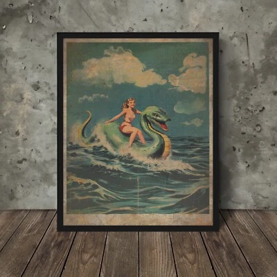 Arte de pared vintage LOCH NESS MONSTER, decoración críptica náutica de niña Nessie Pinup Foto 1 de 4