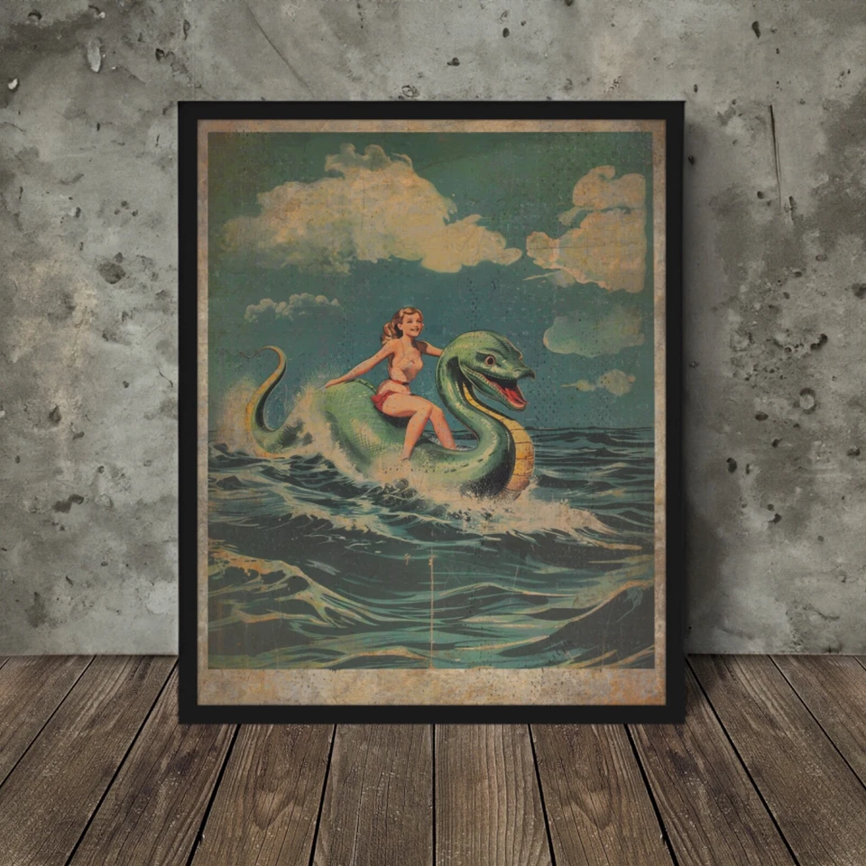 Vintage LOCH NESS MONSTER Wall Art, Nessie Pinup Girl Nautical Cryptid Decor - Image 1 of 4