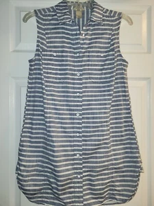 Duluth Trading Women Blue Stripe Free Range Chambray Sleeveless Tunic Top Shirt - Picture 1 of 9