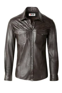 Men's Genuine Lamb Leather Shirt Motorbike Motorcycle Style Fashion Full Sleeve - Picture 1 of 5