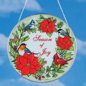 "Season of Joy" Christmas Birds & Poinsettia Stained Glass Window Suncatcher - Picture 1 of 1