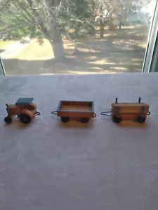 Tiny Wooden Tractor/2 Wagons, One Holds 4 Wooden Boards-Rolls-6"Lx1"Hx1"W - Picture 1 of 6