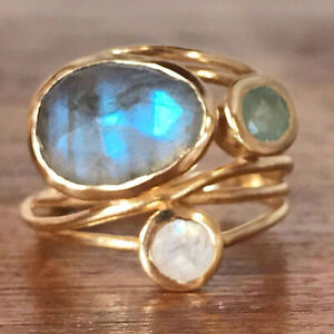 Creative 14K Gold Moonstone Aqua Blue Shell Ring Wedding Jewelry Gifts Size 6-10