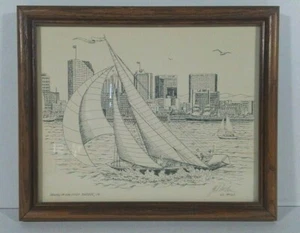 SAILING ON SAN DIEGO HARBOR, CA - Gil McCue **SIGNED** Lithograph FRAMED 9"x11" - Picture 1 of 5