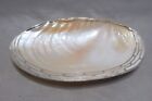 Vintage Carved Iridescent Shell Dish with Silver Tone Decorative Border and Feet