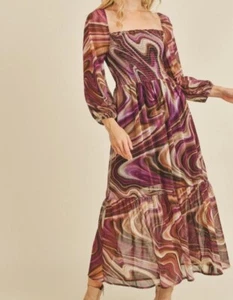 Retro 70s Midi Dress Long Sleeve Off or On Shoulder Sleeve Square Neck Small Bur - Picture 1 of 8