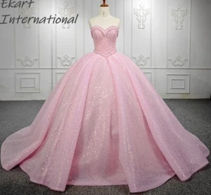 Organza Ball Gown Sequined Wedding dresses Pink Sweetheart Dress - Picture 1 of 11