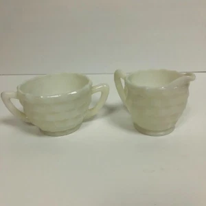 Vintage 1960's Hazel Atlas Cubist Opaque Milk Glass Creamer & Sugar Bowl Set EUC - Picture 1 of 5