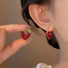 French Romantic Wine Red Enamel Heart Shaped Pendant Earrings Fashion Jewelry